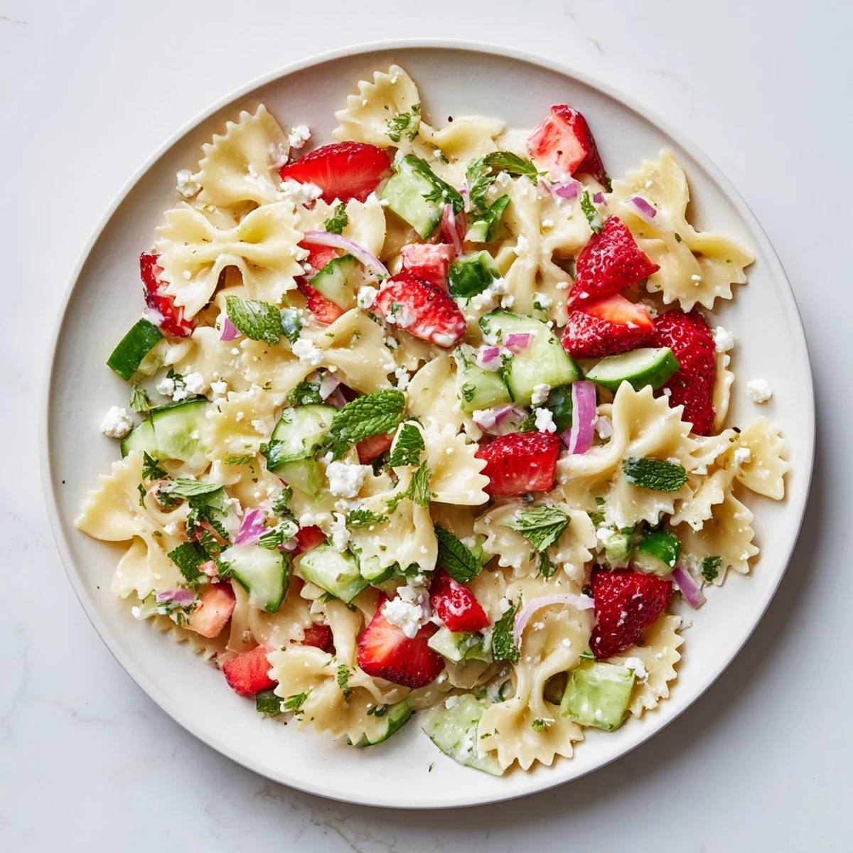 Strawberry Feta Pasta: a vibrant summer salad with fresh strawberries and creamy feta cheese.
