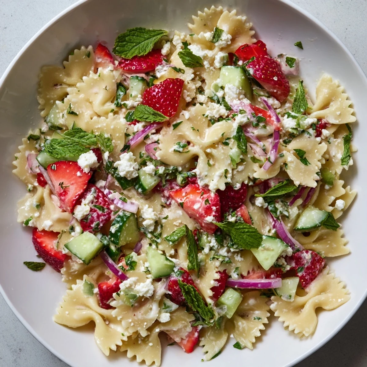 A close-up of Strawberry Feta Pasta, showing ripe strawberries and crumbled feta in a bright salad.