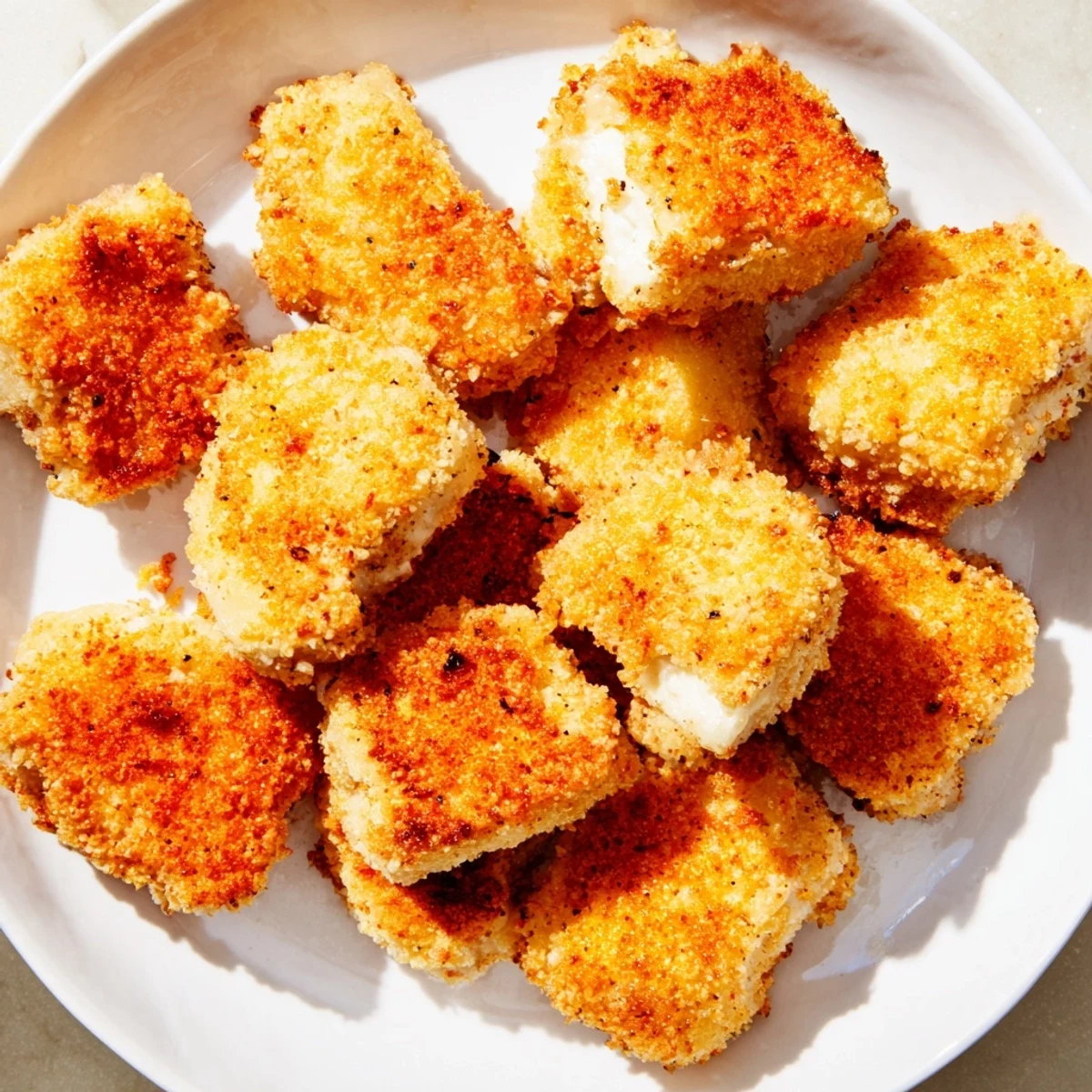 Crispy Air Fryer Un-Fried Chicken Nuggets served with a creamy dipping sauce on a white plate.