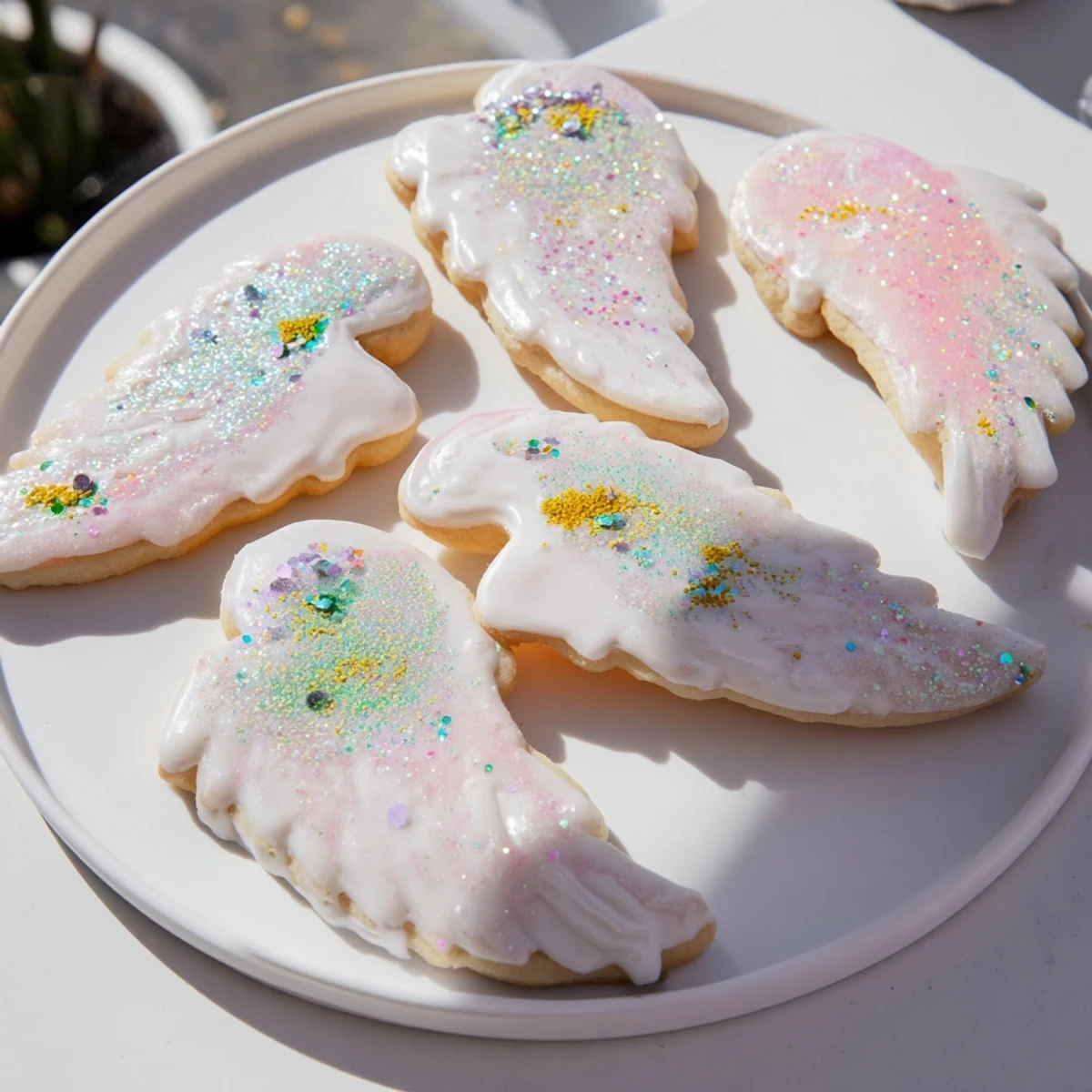 A plate of delicate angel wings sugar cookies, iced and sparkling with edible glitter.