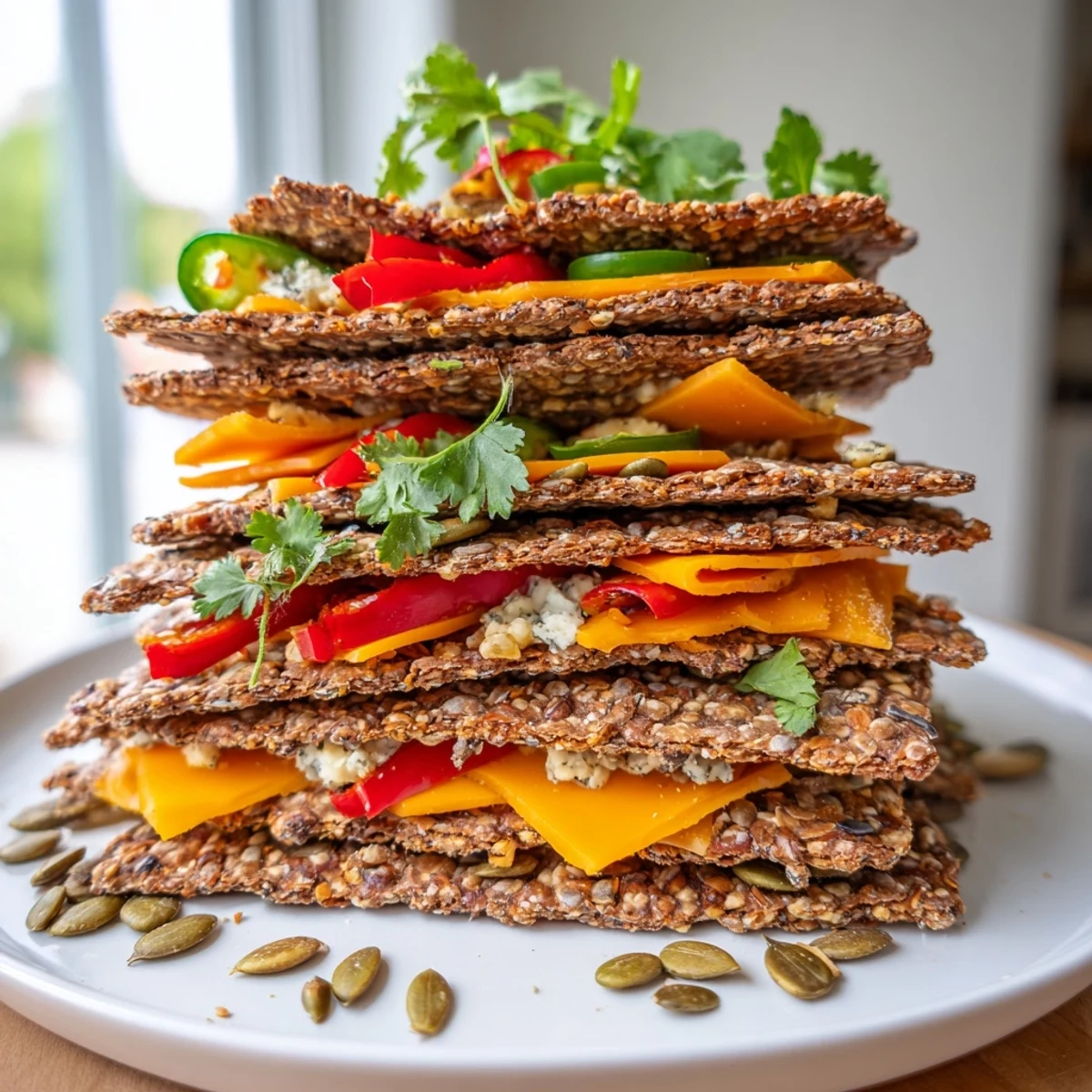 Vibrant Southwest Mesa: stacked cheeses and crackers create an inviting appetizer landscape, ready to serve.