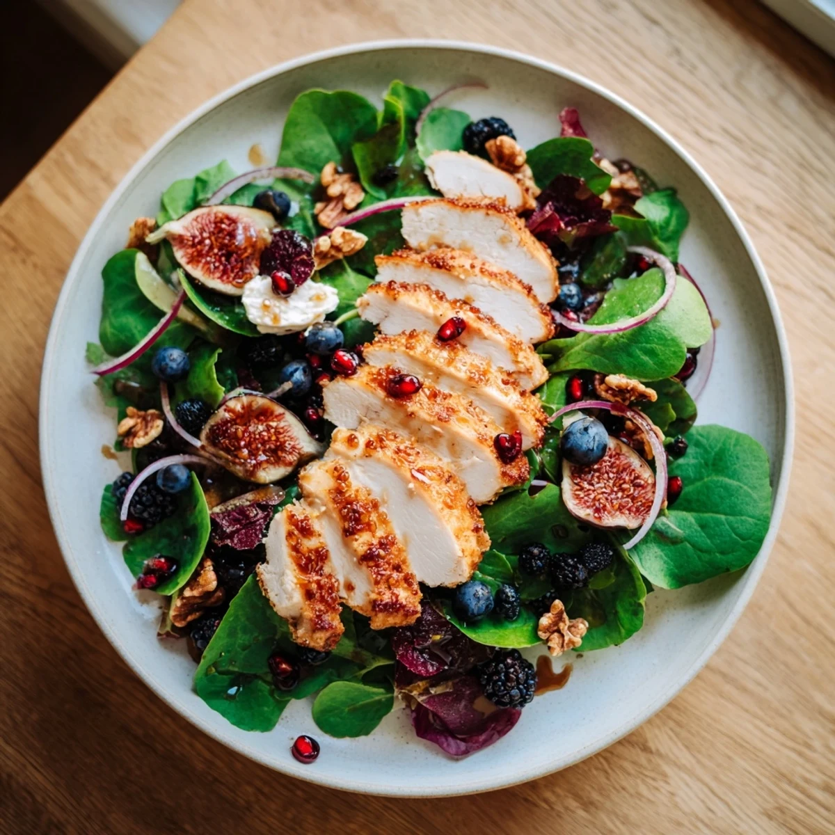 Saftige Blaubeer-Ziegenkäse-Hühnchensalat, garniert mit Balsamico-Glasur, präsentiert auf einem Teller.