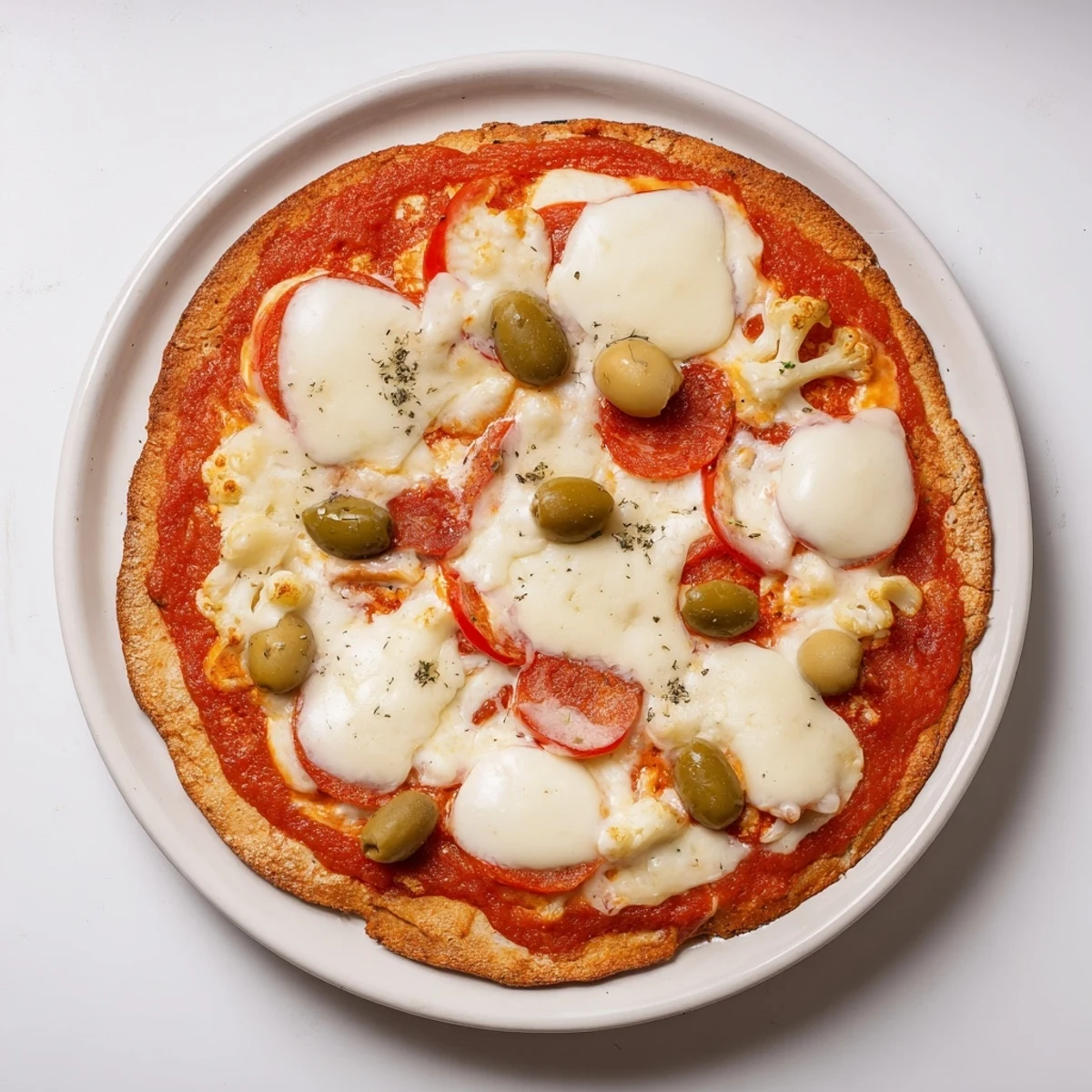 Crispy cauliflower pizza crust, ready for toppings: imagine a golden, baked base piled high.