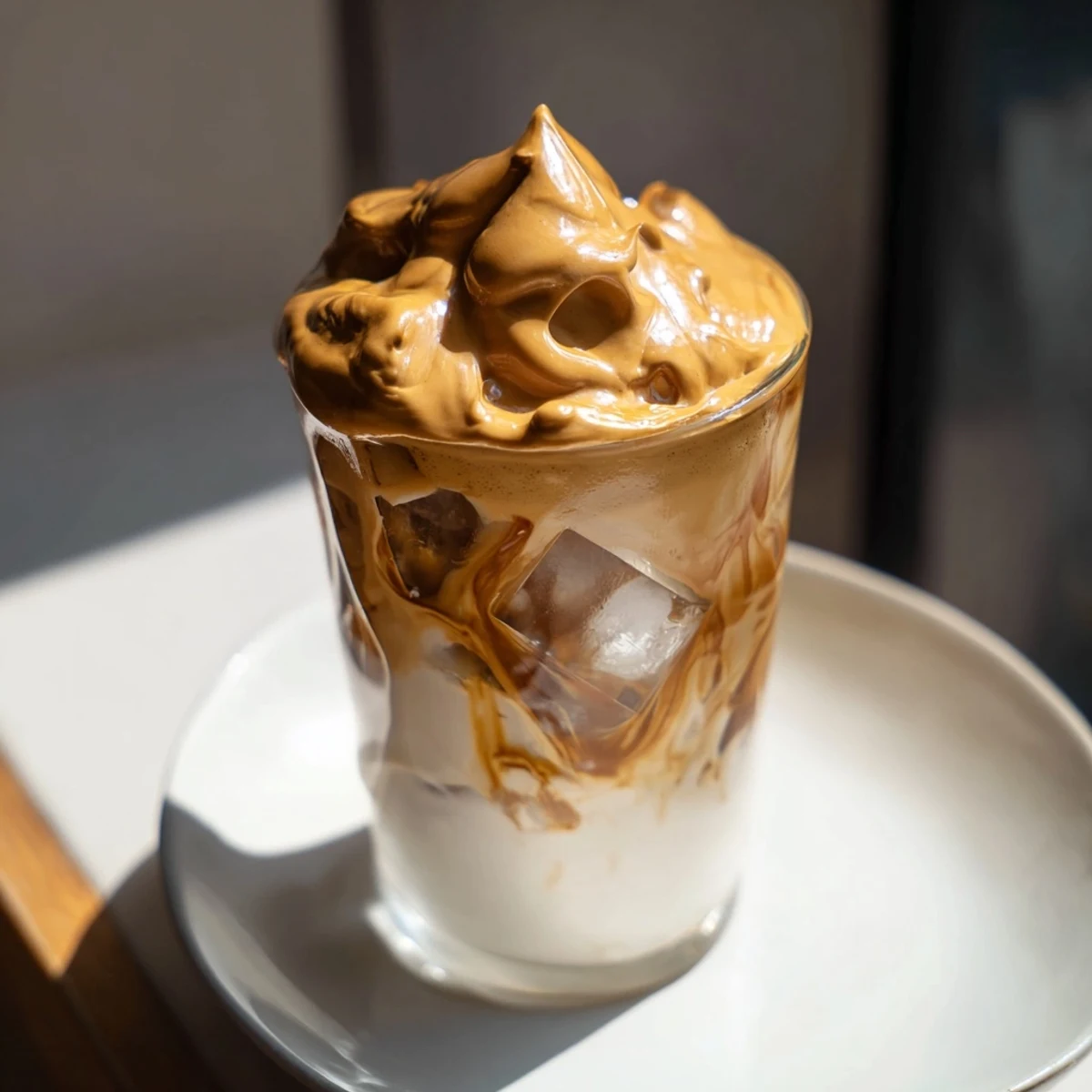 A tall glass displaying a luxurious, whipped Brown Sugar Dalgona Latte, ready to be sipped and enjoyed.