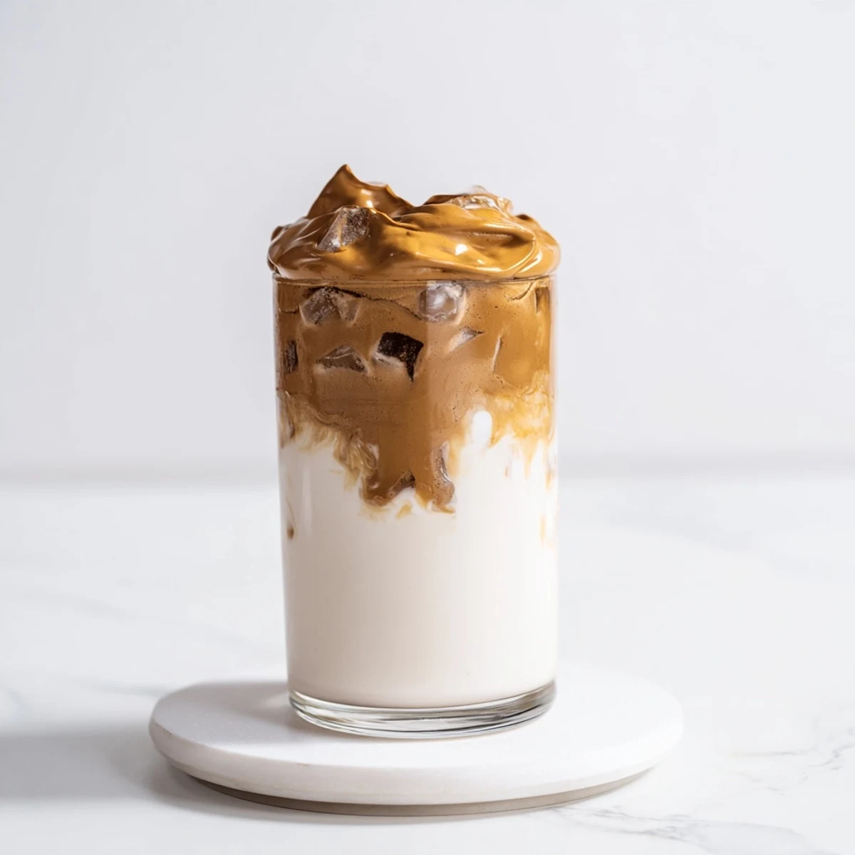 This close-up showcases the fluffy, caramel-colored whipped coffee atop a refreshing Brown Sugar Dalgona Latte.