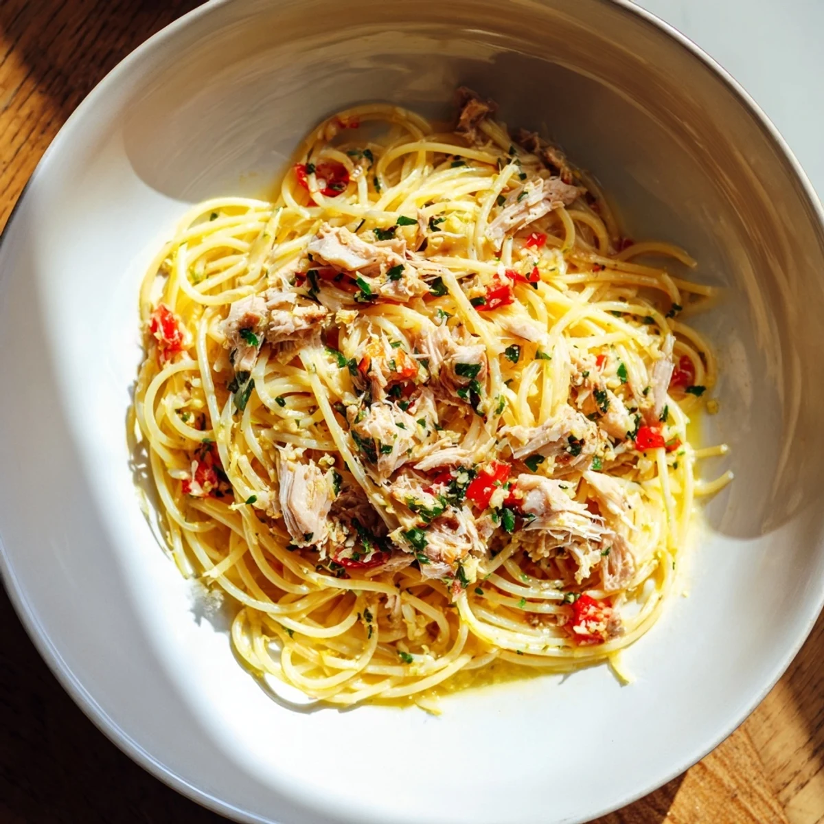 Lemon-Garlic Tuna Spaghetti with flaky tuna and bright lemon, ready to eat alongside fresh parsley.