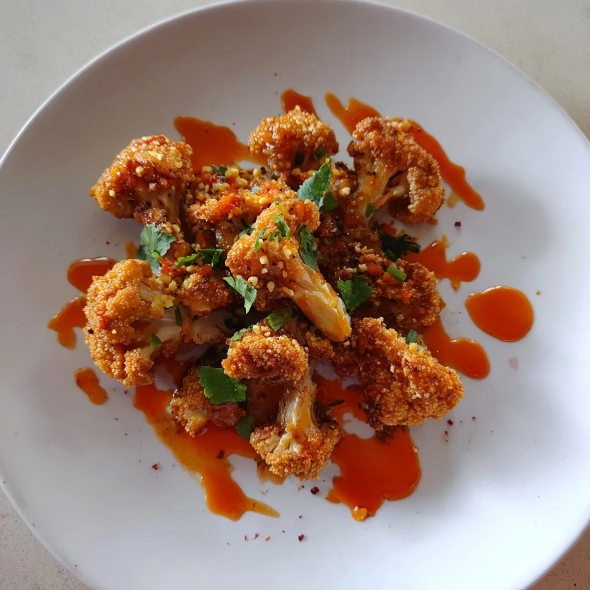 Crispy Sriracha-Buffalo Cauliflower Bites, coated in sauce, ready for a flavorful appetizer.