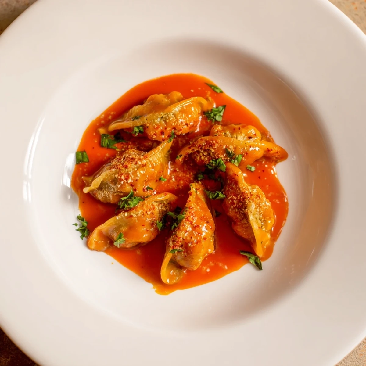 Golden and delicious Sriracha-Buffalo Cauliflower Bites ready to be served with fresh herbs.