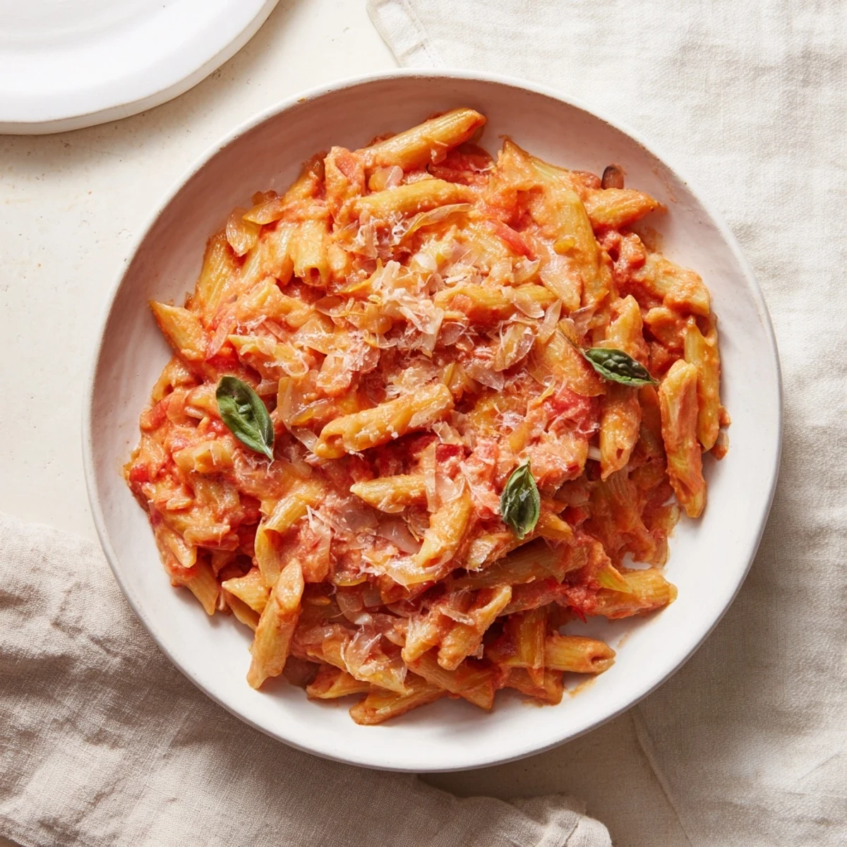 Creamy Basil Garlic One-Pot Tomato Pasta, a vibrant Italian dish ready to eat.