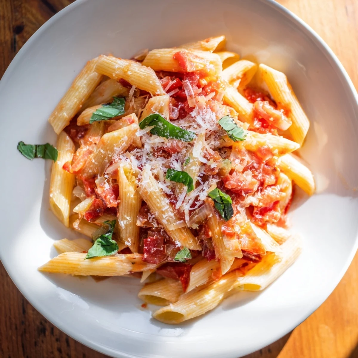Freshly garnished, steaming Basil Garlic One-Pot Creamy Tomato Pasta, a comforting weeknight meal.