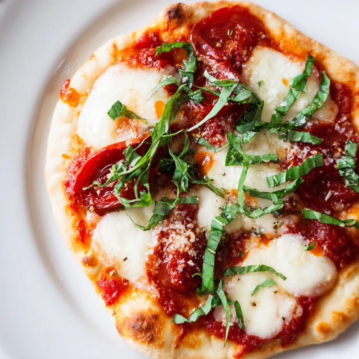 Fresh Margherita Naan Pizza, featuring juicy tomatoes and fragrant basil, a quick meal.