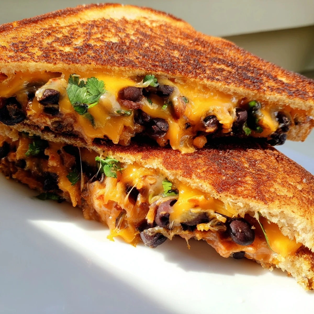 A close-up of a melty Black Bean Grilled Cheese sandwich, showing the warm, cheesy filling.