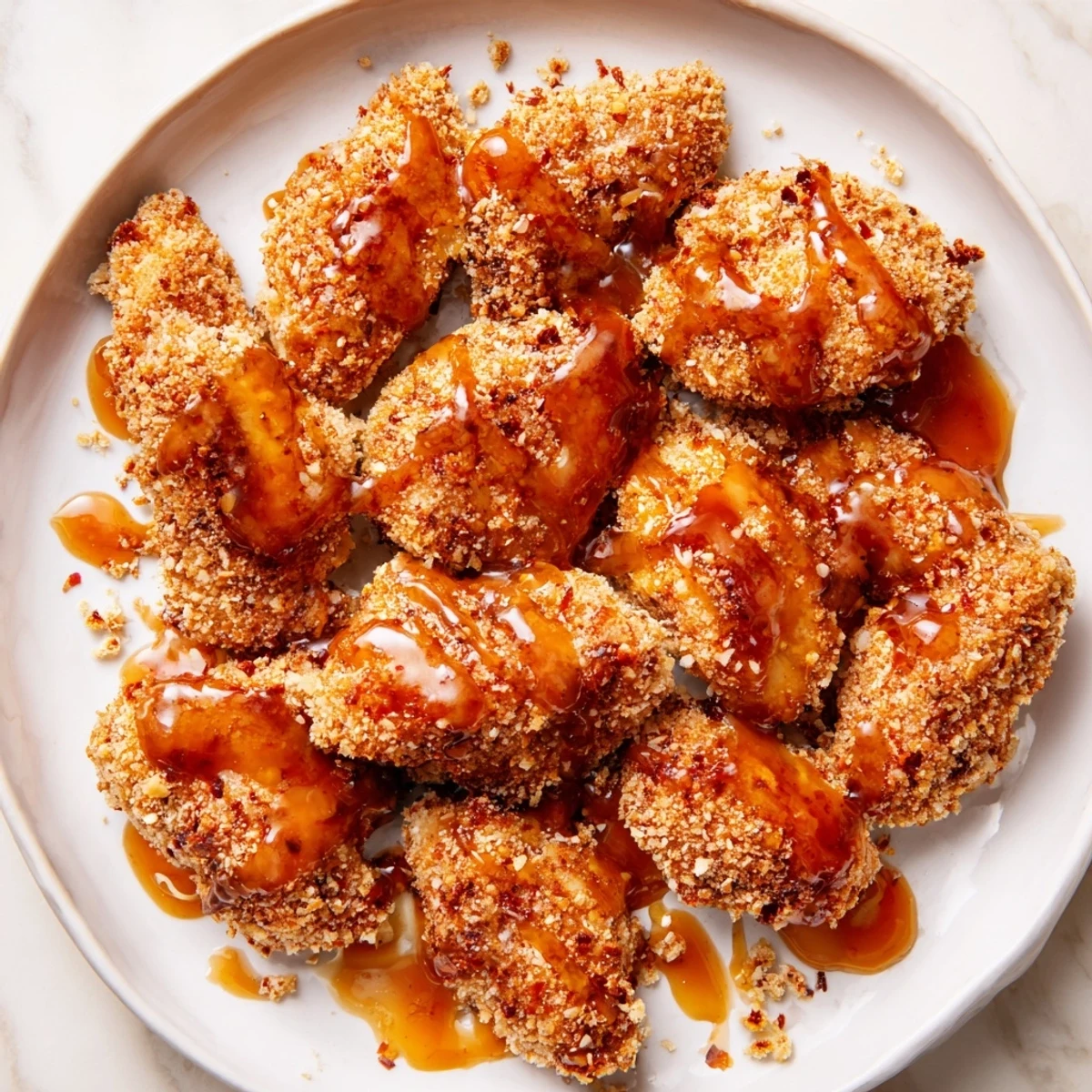 Golden-brown, crispy hot honey crispy chicken thighs, drizzled with sweet, spicy honey for dinner.