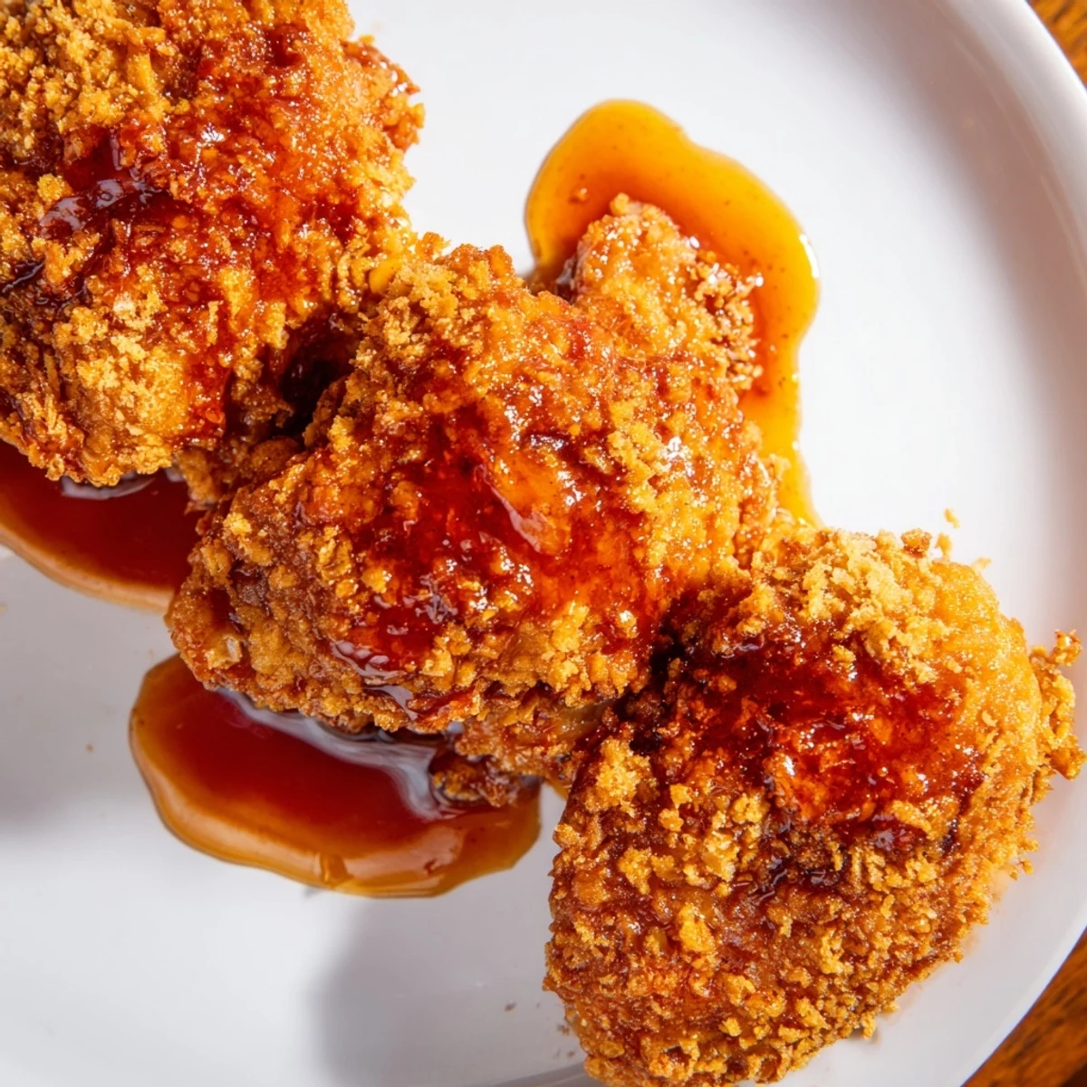 Close-up of perfectly fried hot honey crispy chicken thighs, ready to be devoured with sweet glaze.