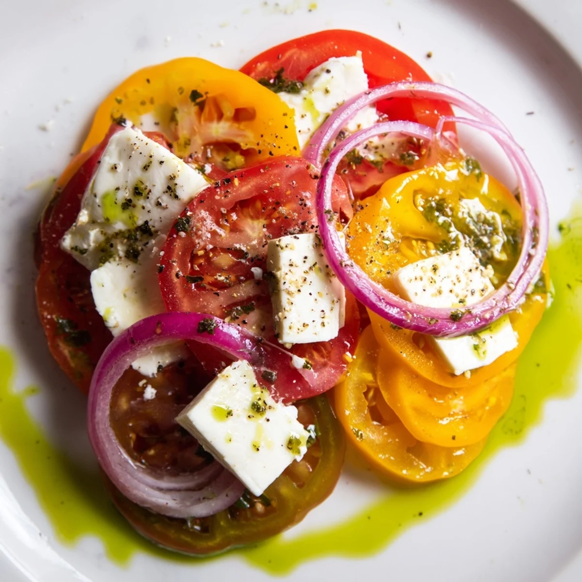 Juicy heirloom tomatoes and creamy mozzarella in a delightful summer tomato salad with basil.