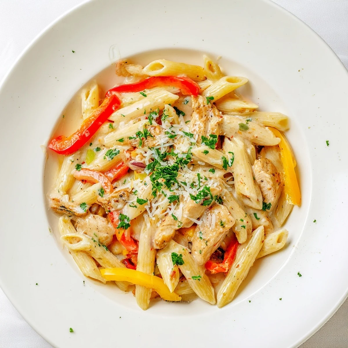 Sizzling Cajun Chicken Pasta with vibrant bell peppers in a rich, creamy sauce, for a flavorful dinner.