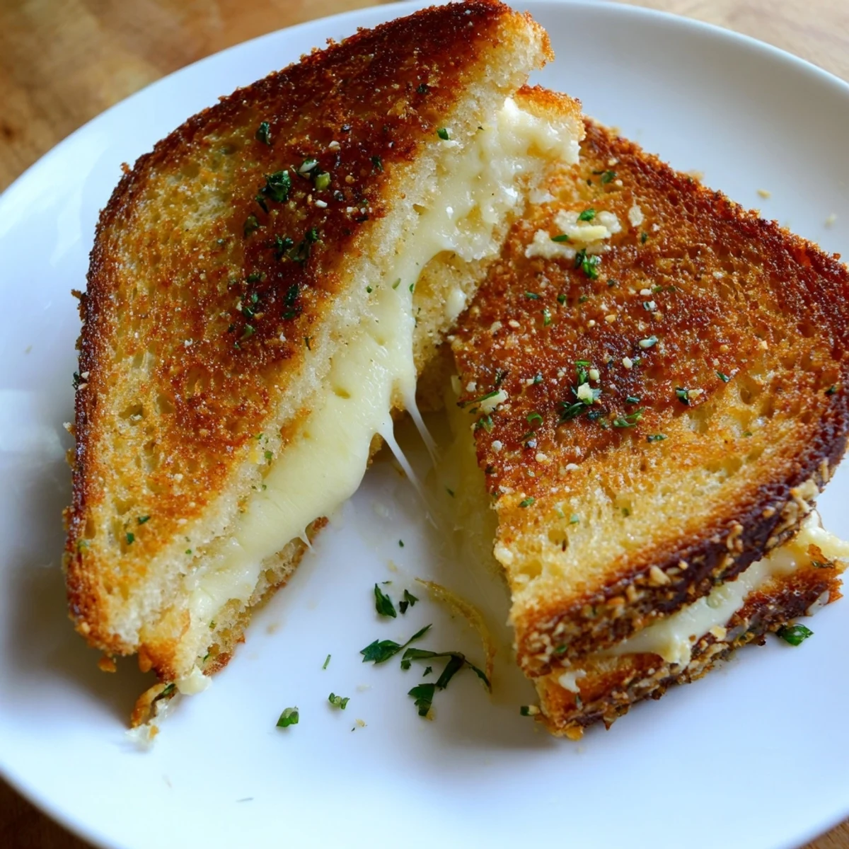 Golden brown Garlic Butter Mayo Grilled Cheese, oozing melted cheddar, perfect for a cozy, comforting meal.
