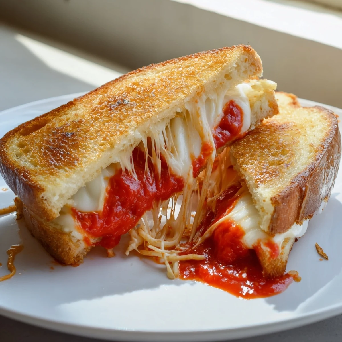 Crispy golden Mozzarella Stick Grilled Cheese with melted cheese oozing from toasted bread.
