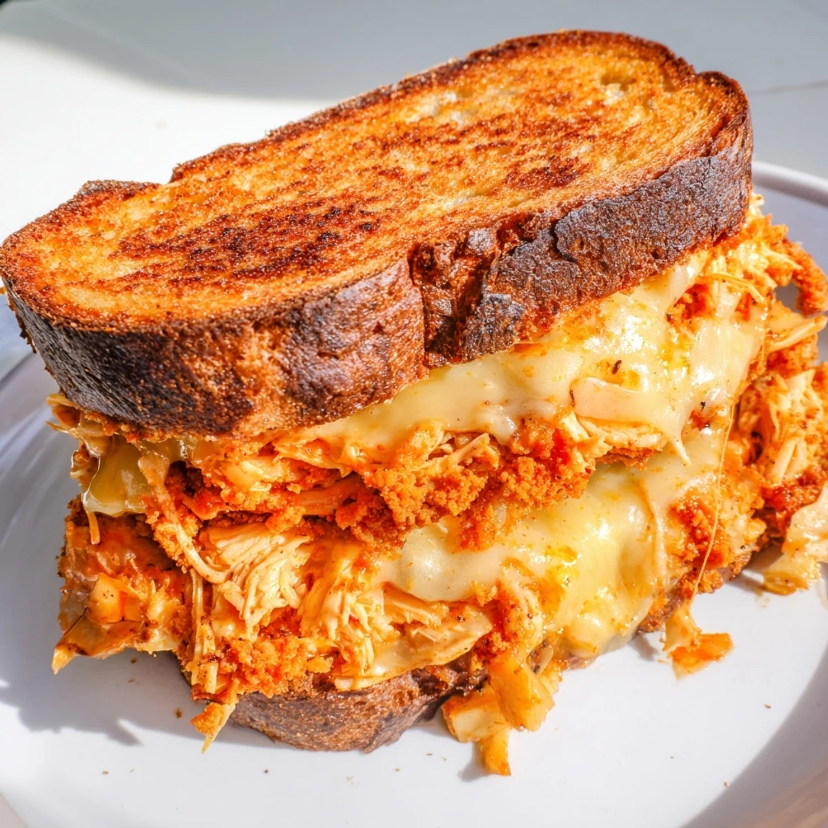 Spicy Crispy Chicken Sandwich Grilled Cheese: a close-up showing golden-brown, cheesy goodness, enticing textures.