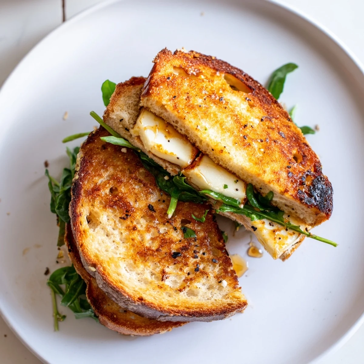 Golden and crispy Crispy Halloumi Grilled Cheese, ready to eat with melted halloumi oozing from toasted bread.