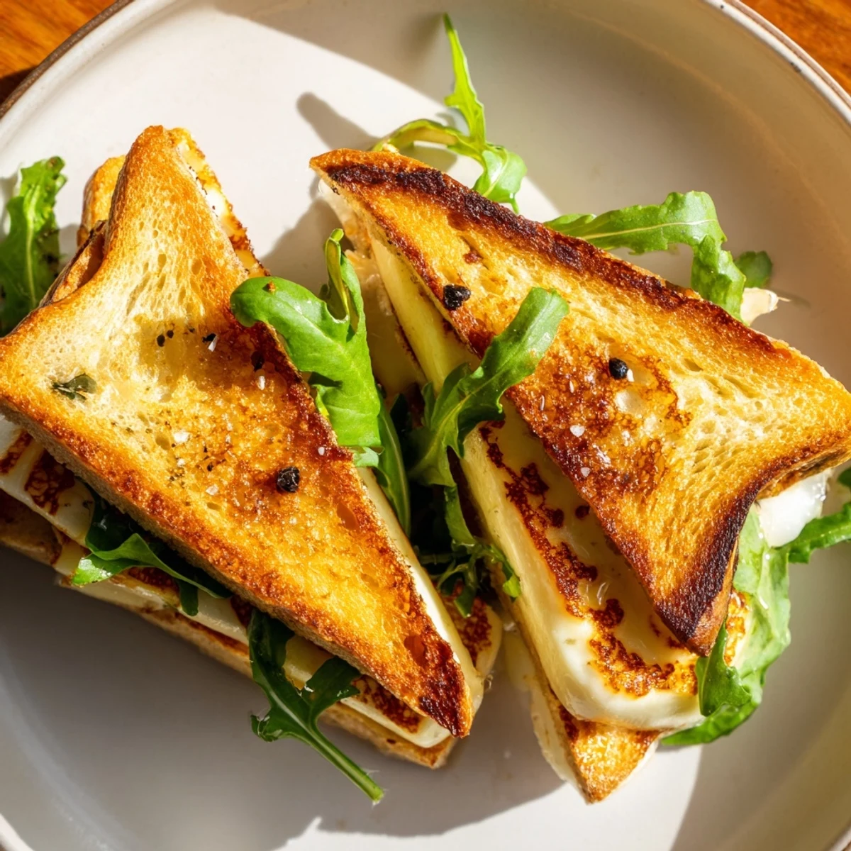 Close-up of a perfectly grilled Crispy Halloumi Grilled Cheese, showing the golden halloumi and toasted bread.