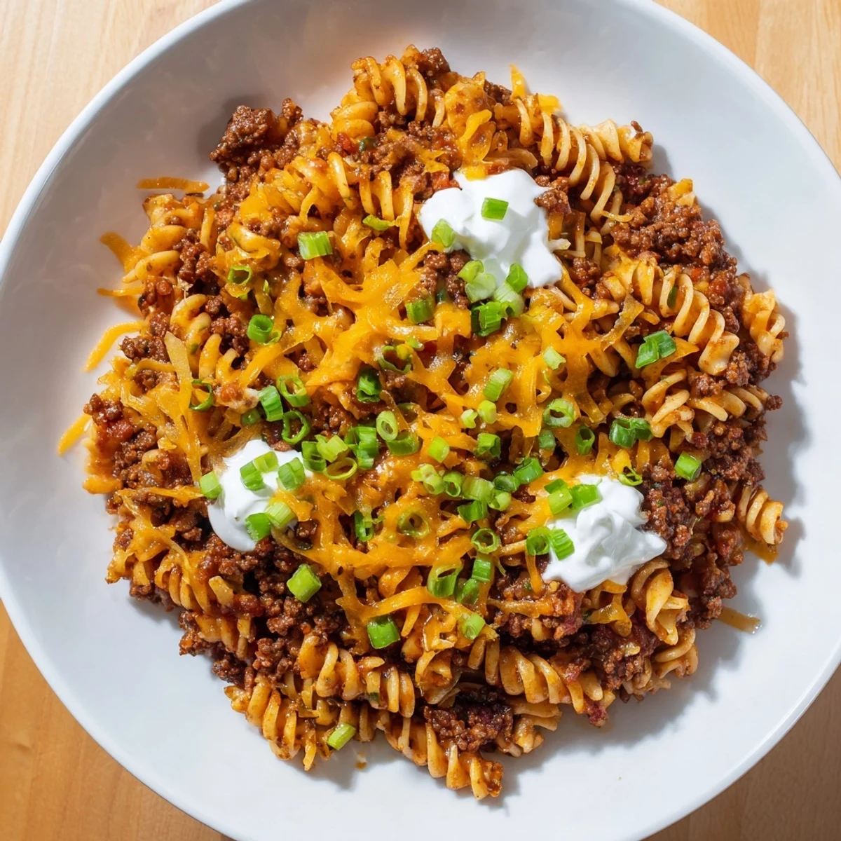 Delicious, steaming One-Pot Taco Pasta ready to serve, a quick and easy Tex-Mex family dinner.