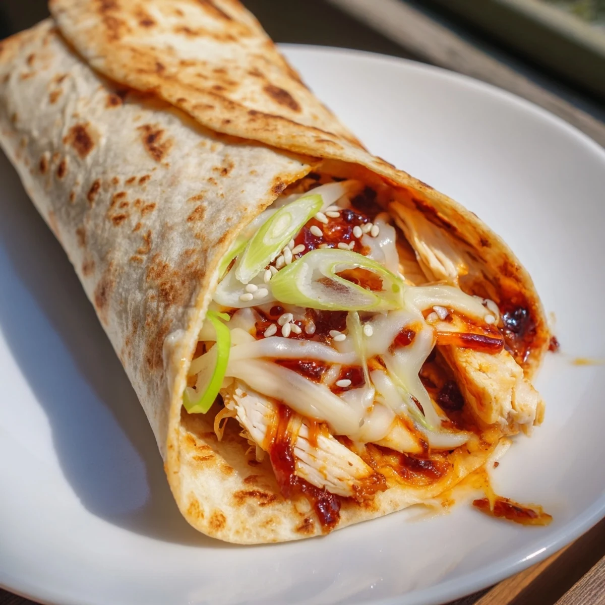 Melty cheese and sesame seeds highlight this savory Korean BBQ Chicken Wrap Grilled Cheese delight.