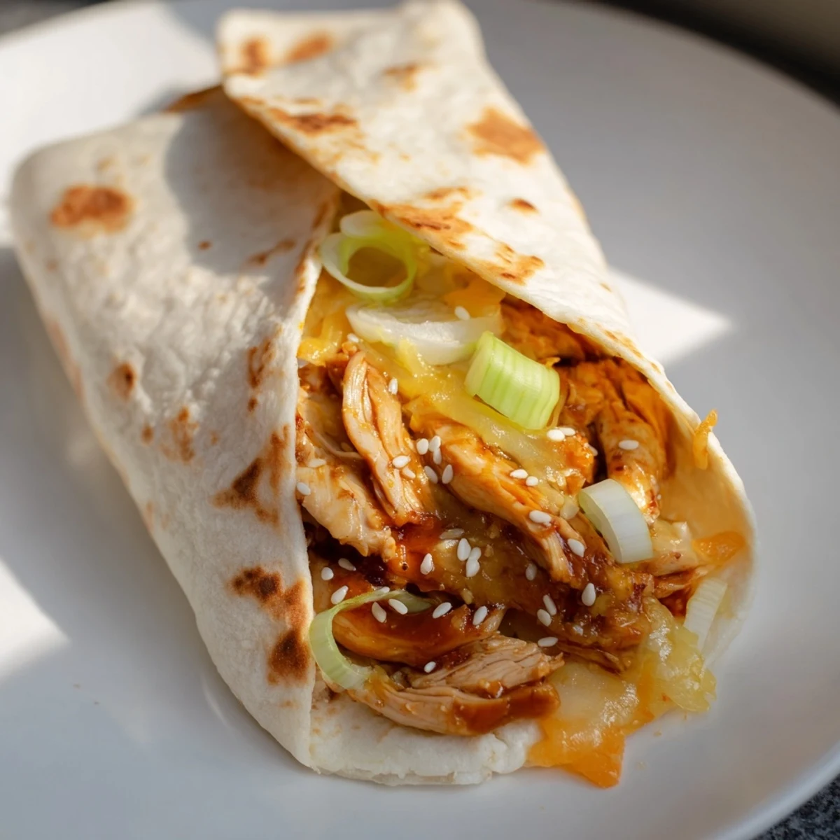 Crispy edges showcase delicious Korean BBQ Chicken Wrap Grilled Cheese, ideal with kimchi on the side.
