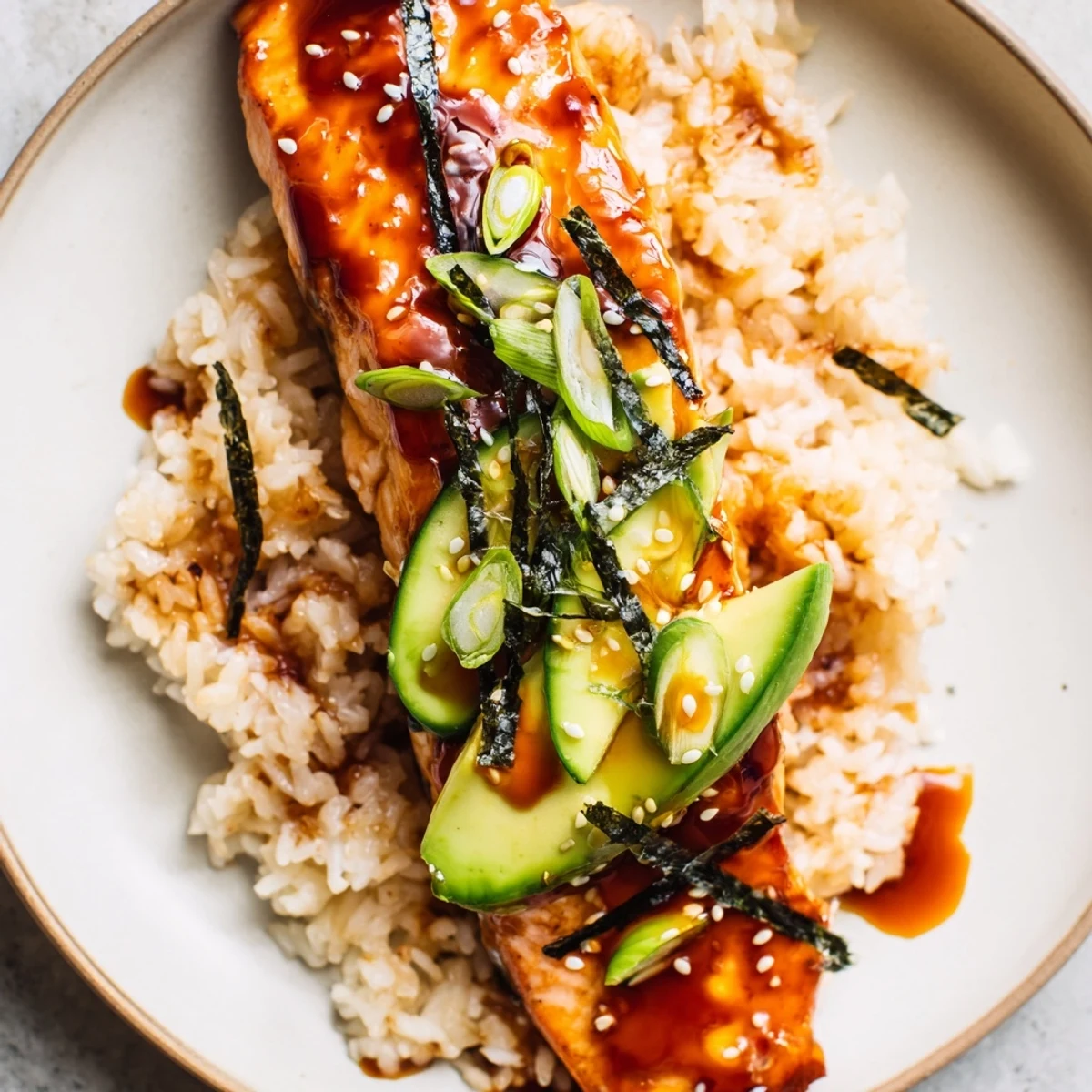 Flaky, glazed Emily Mariko-Inspired Sticky Orange Gochujang Salmon Bowl, brimming with fresh ingredients, looks delicious.