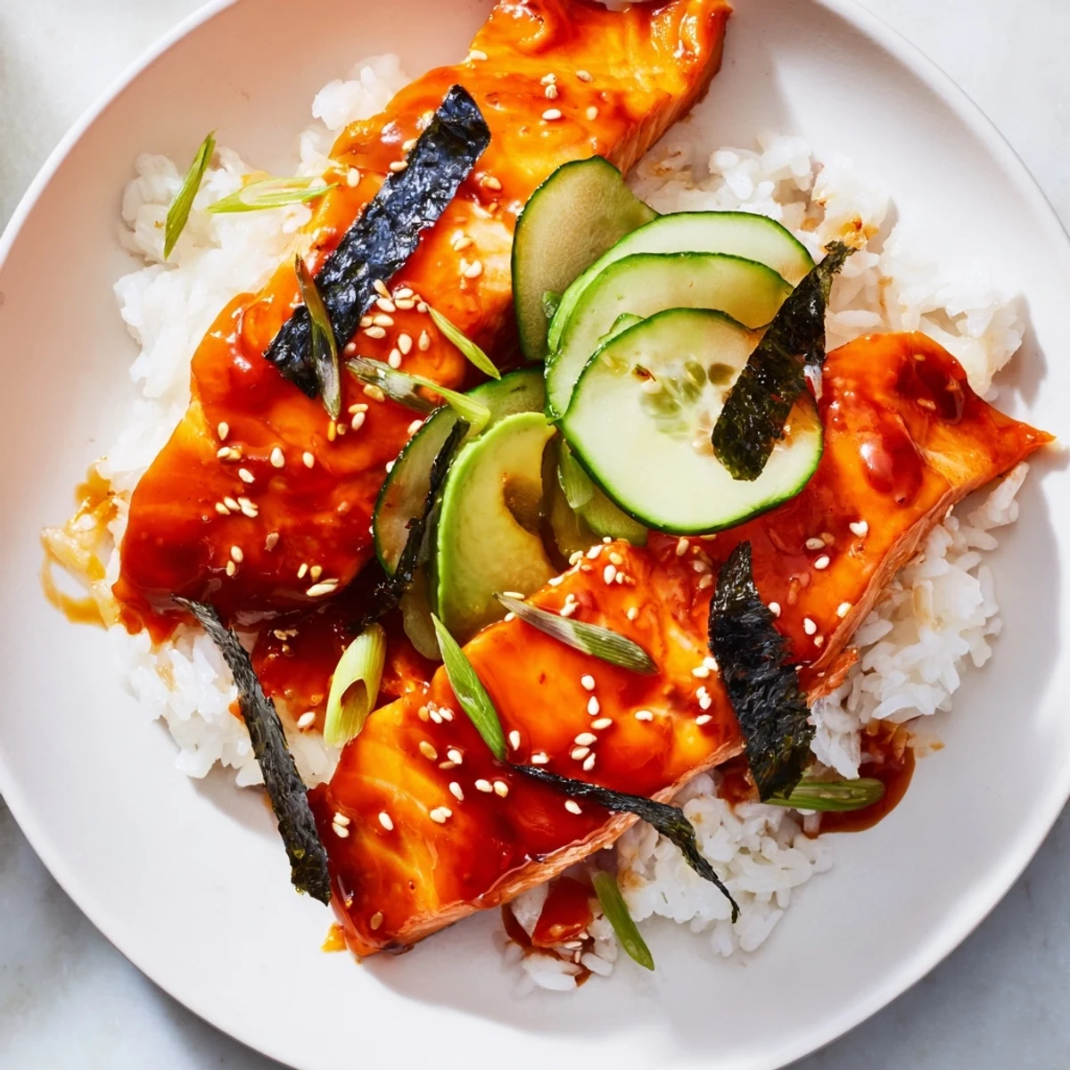 This vibrant Emily Mariko-Inspired Sticky Orange Gochujang Salmon Bowl features tender salmon, perfect for a cozy dinner.