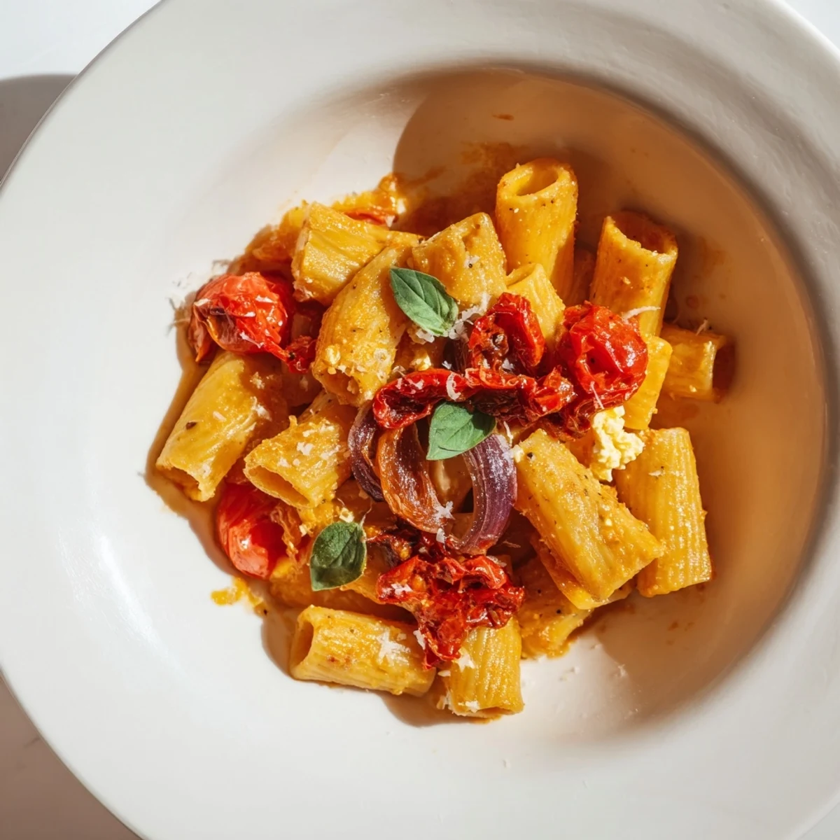 A close-up of baked feta pasta, with bursting tomatoes and fresh basil, ready to serve.