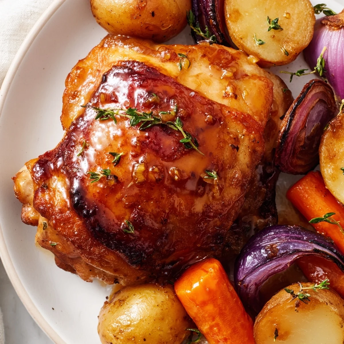 Golden-brown Maple Dijon Chicken Thighs on a sheet pan, roasted with vibrant vegetables for a flavorful dinner.