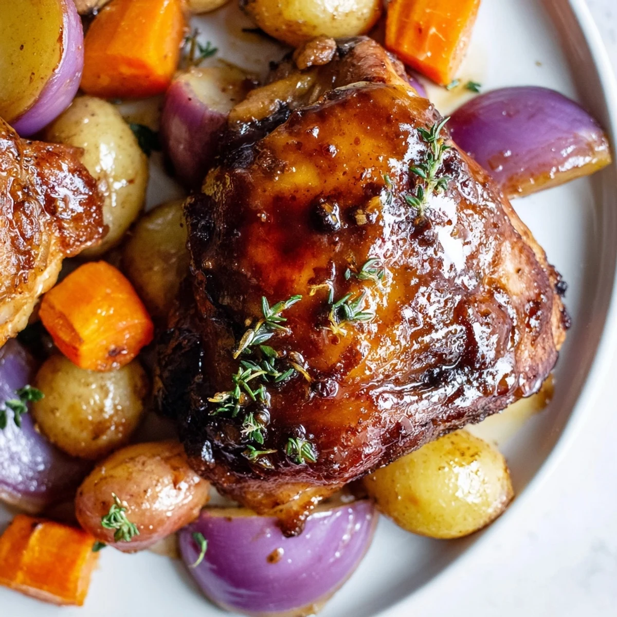Tender Maple Dijon Chicken Thighs, glazed and glistening, alongside roasted carrots and potatoes, ready to serve.