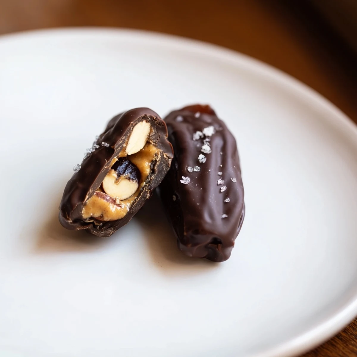 Chocolate Date Snickers coated in dark chocolate, a delicious dessert with peanut butter filling.