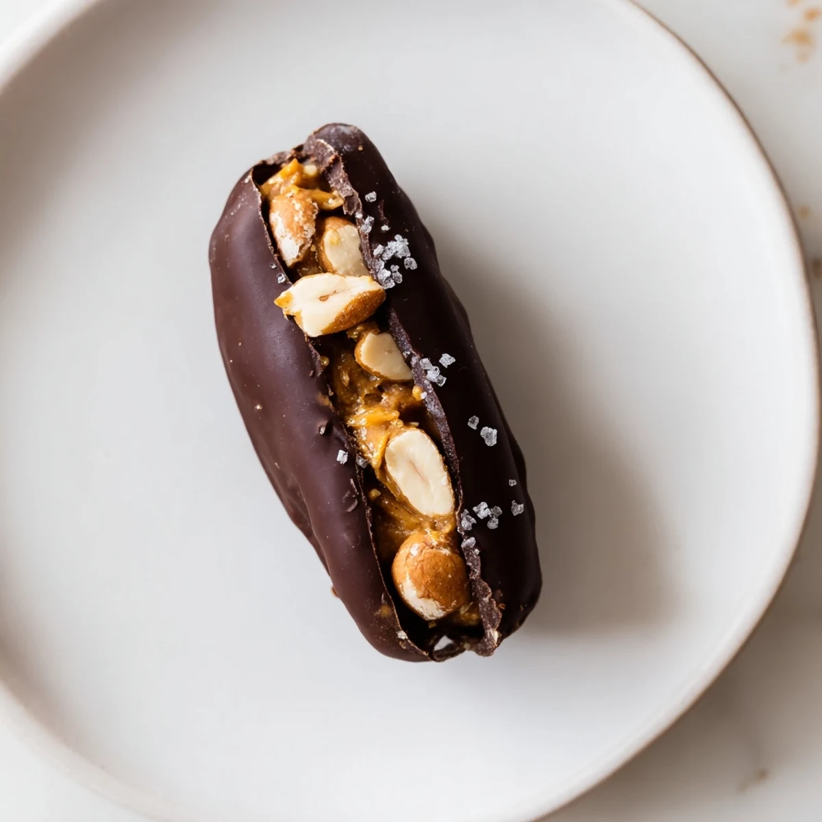 Close-up of a tray of Chocolate Date Snickers, prepared with a peanut butter filling and sea salt.