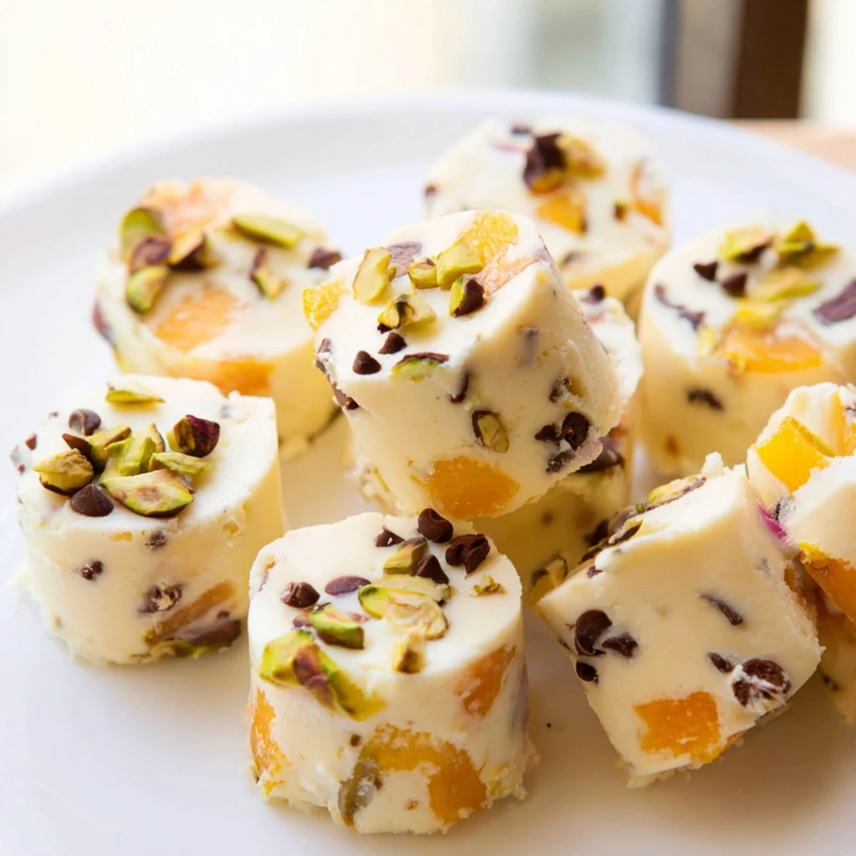 Sweet, bite-sized frozen peach yogurt bites, perfect on a hot day, offering a cool, fruity delight.