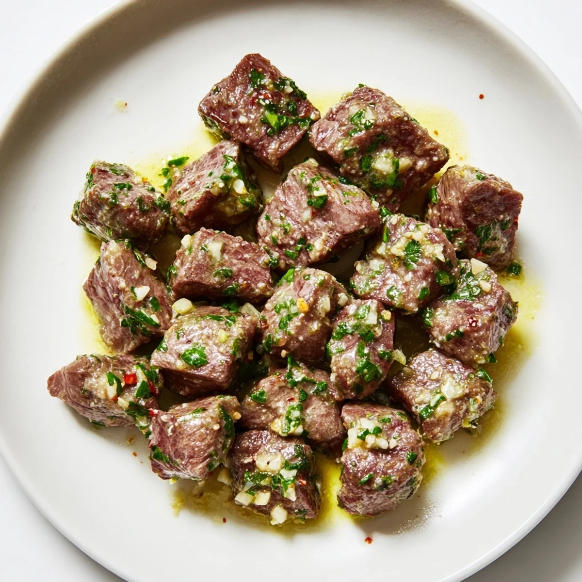 Close-up of golden Garlic Butter Steak Bites, served with fresh parsley, ready to enjoy.