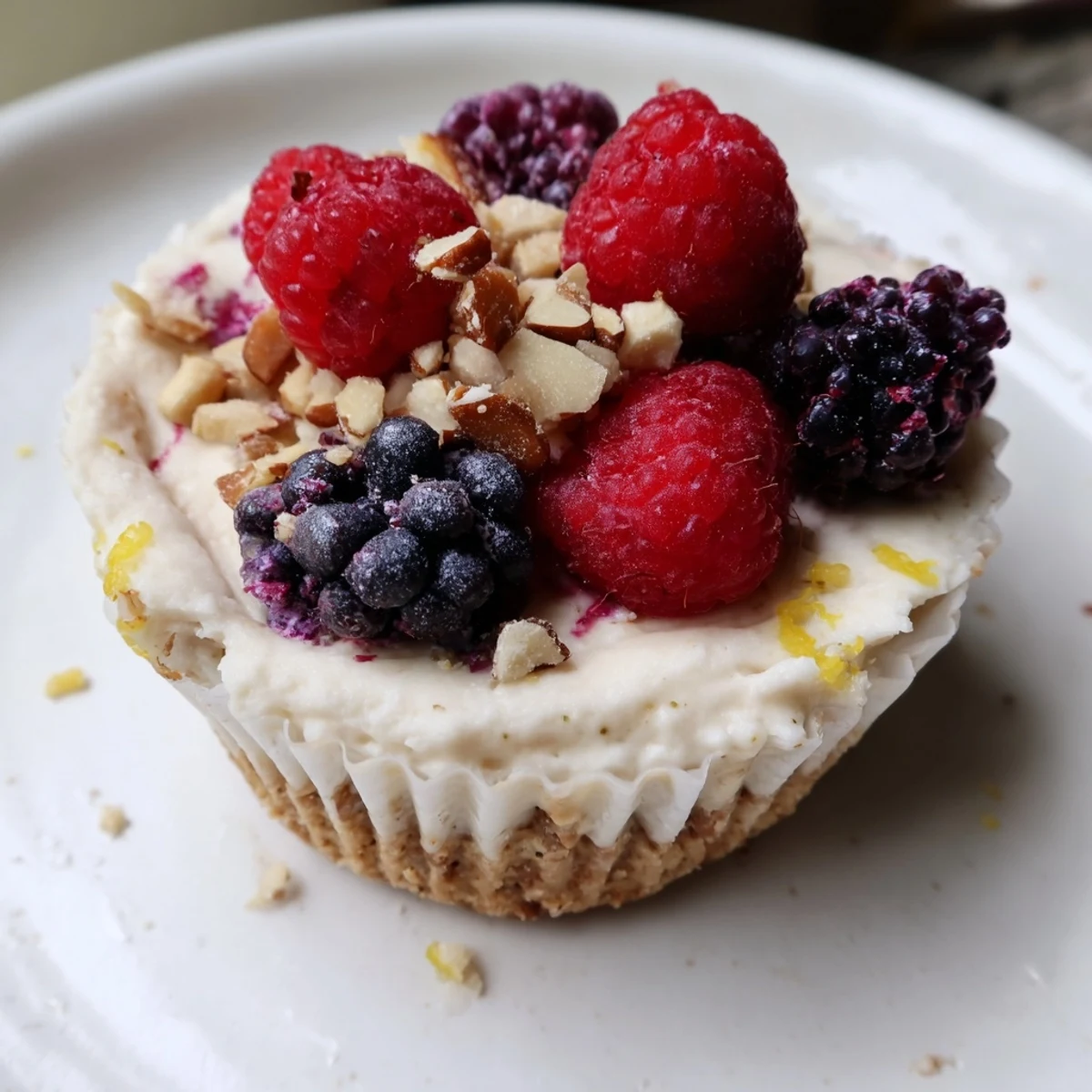 Creamy protein cheesecake cups topped with fresh berries, a healthy and delightful dessert.