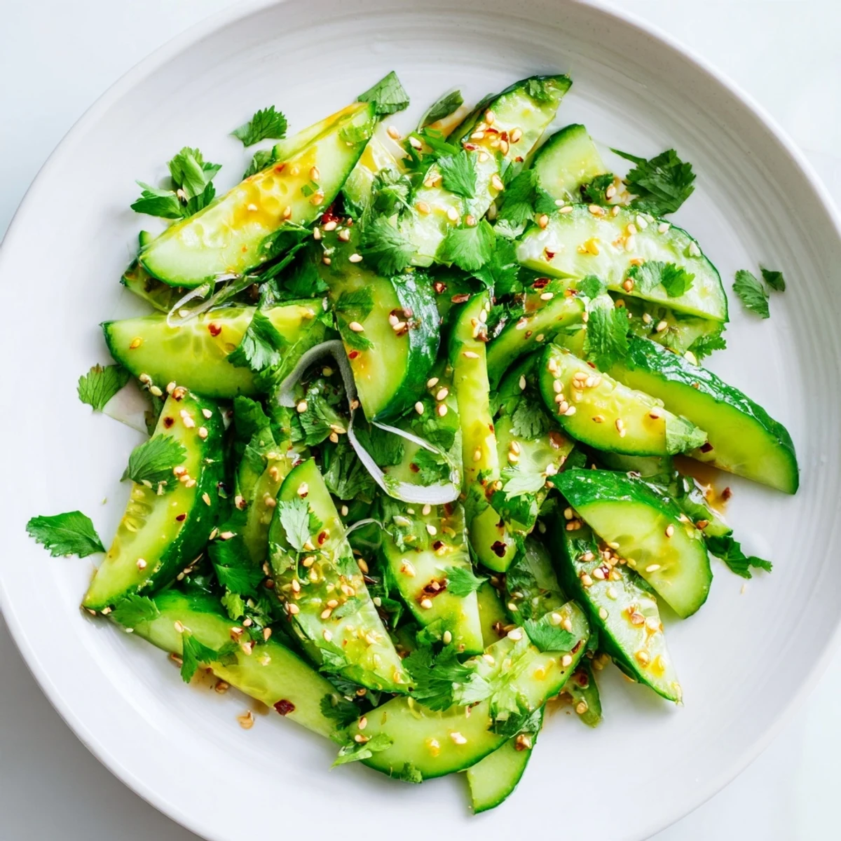 Close-up of vibrant Zesty Shake Cucumber Salad with chilies and a flavorful soy-sesame dressing.