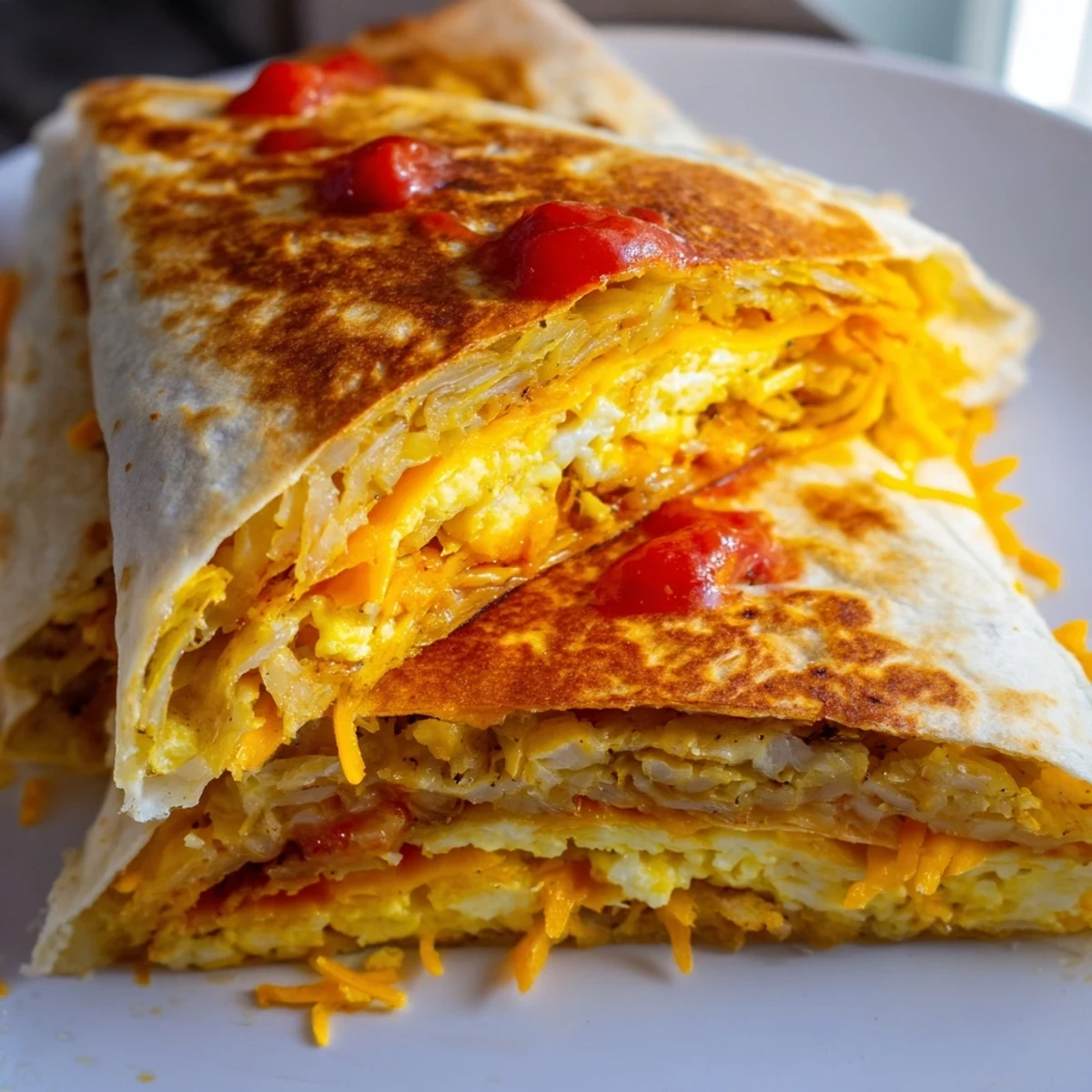 Crispy golden Breakfast Crunchwrap Hack with melted cheese, perfect for a quick breakfast.