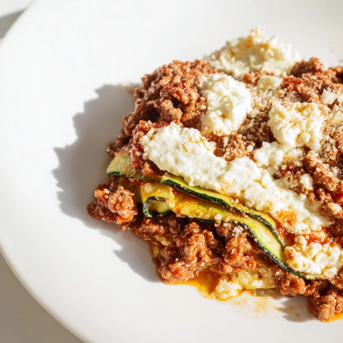 Steaming zucchini lasagna skillet in a pan, bubbling with melted cheese for a hearty, low-carb dinner.