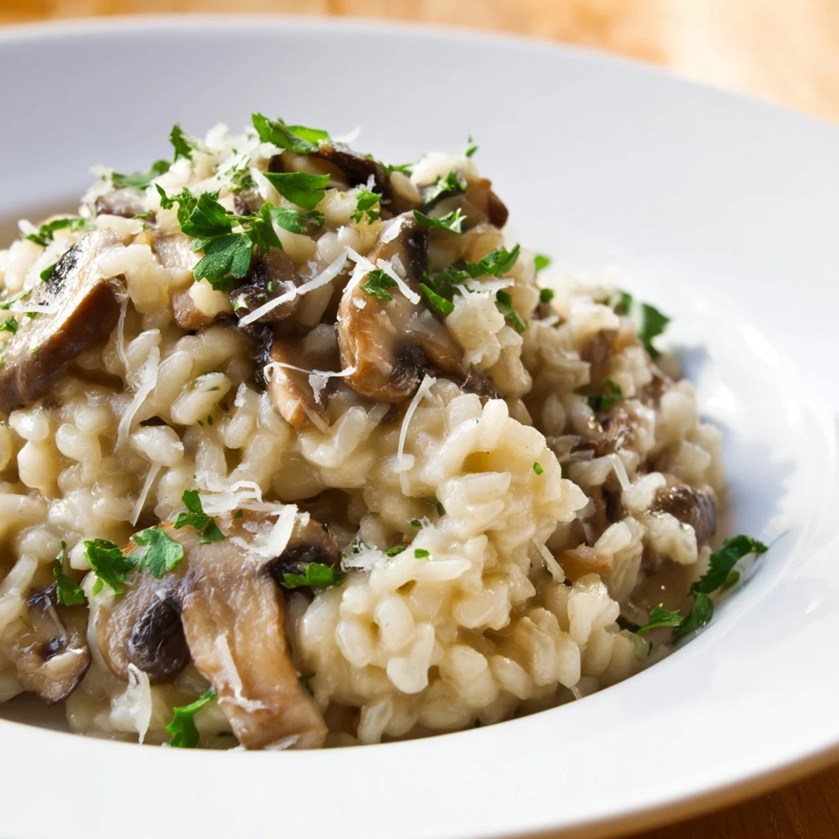 Steaming bowl of mushroom risotto garnished with Parmesan, ready for a comforting meal.