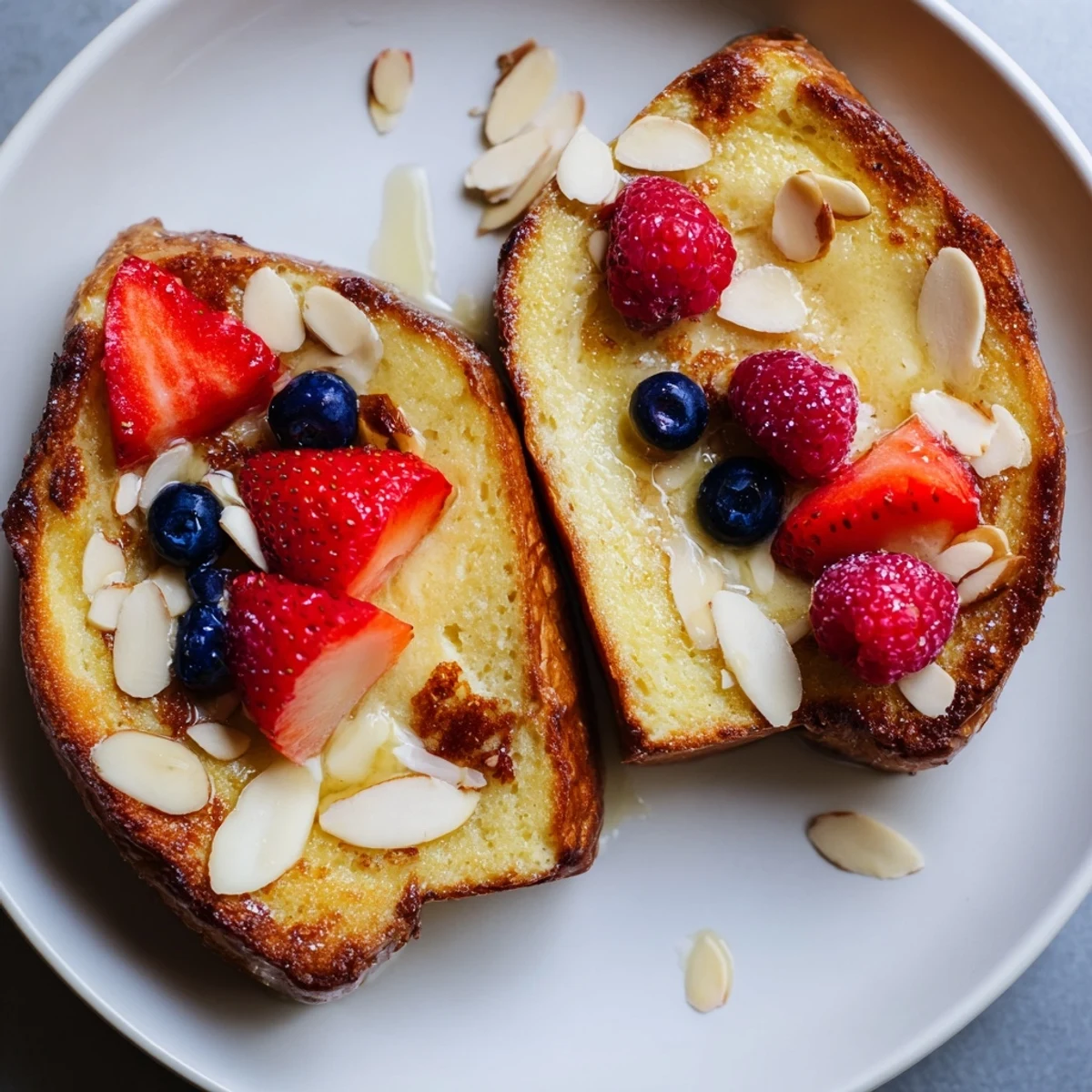 Golden, baked Custard Toast topped with fresh berries, offering a delicious brunch.