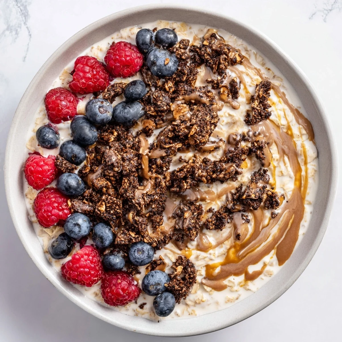 Creamy overnight oats gourmet makeover, swirled with peanut butter and topped with fresh berries and granola.