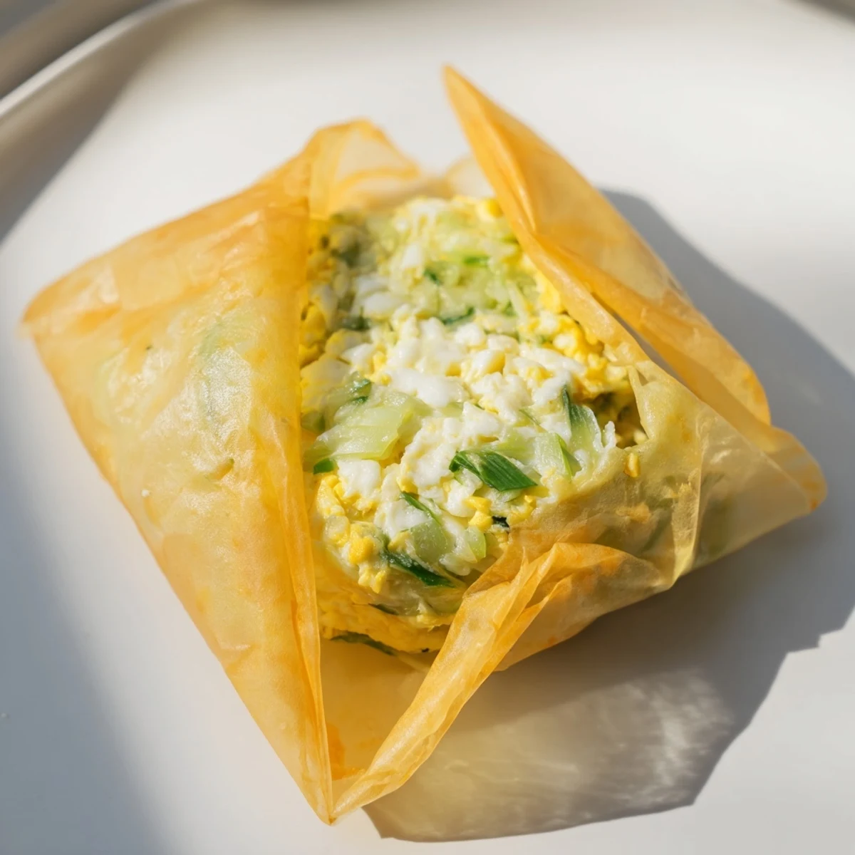 A close-up shot of a delicious, savory Rice Paper Egg & Cheese Fold, ready to enjoy.