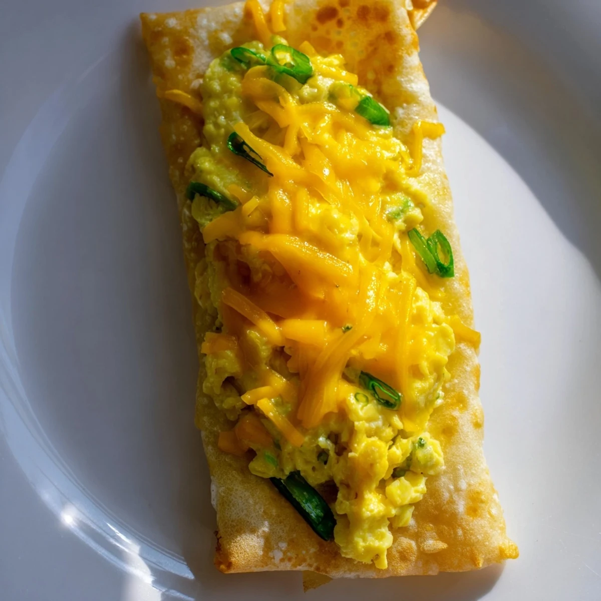 Crispy, golden rice paper Egg & Cheese Fold with melted cheese and fresh scallions served.