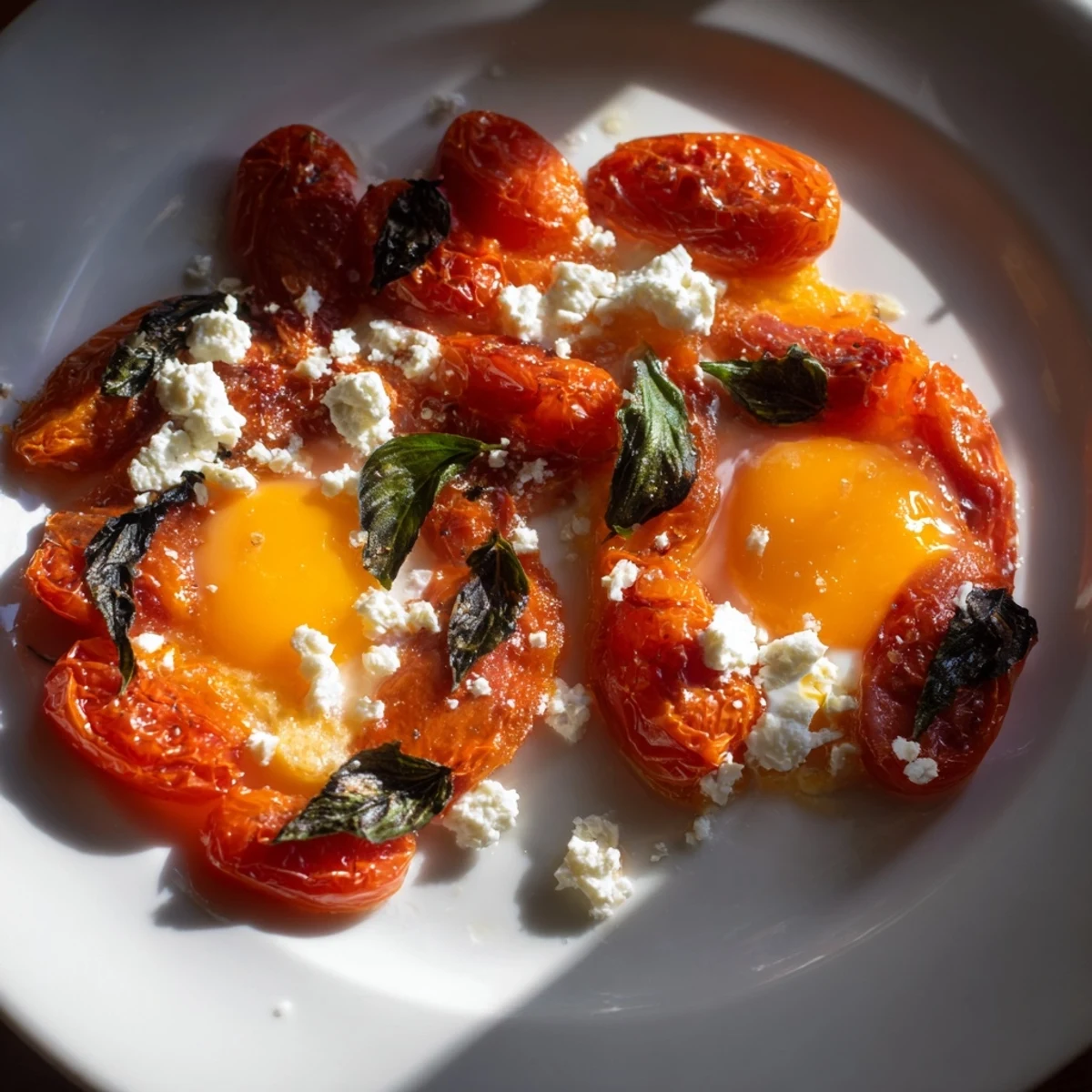 Sheet pan Tomato Feta Baked Eggs: A colorful, close-up shot of baked eggs with juicy tomatoes.