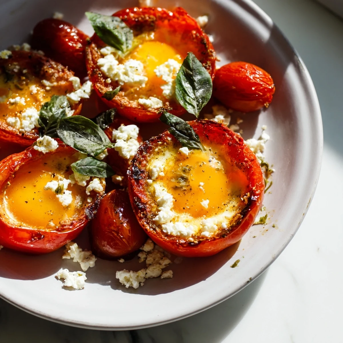 Golden yolks peek from the baked Tomato Feta Baked Eggs, served straight from the sheet pan.