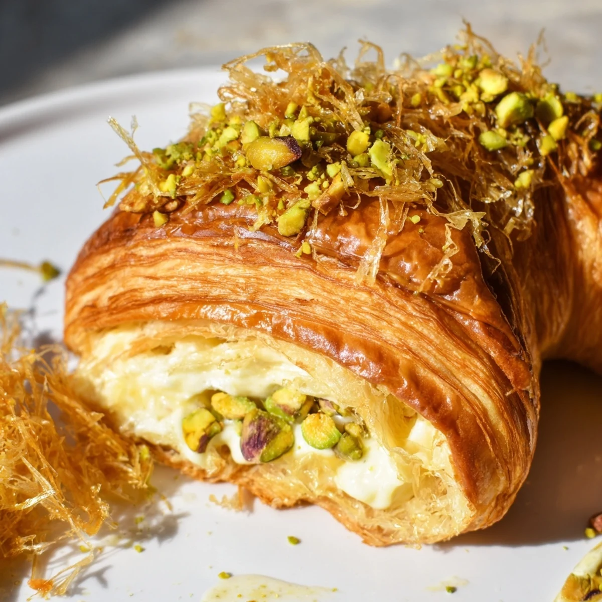 Warm Pistachio Cream Croissants, with a crispy phyllo topping, perfect for a decadent breakfast.