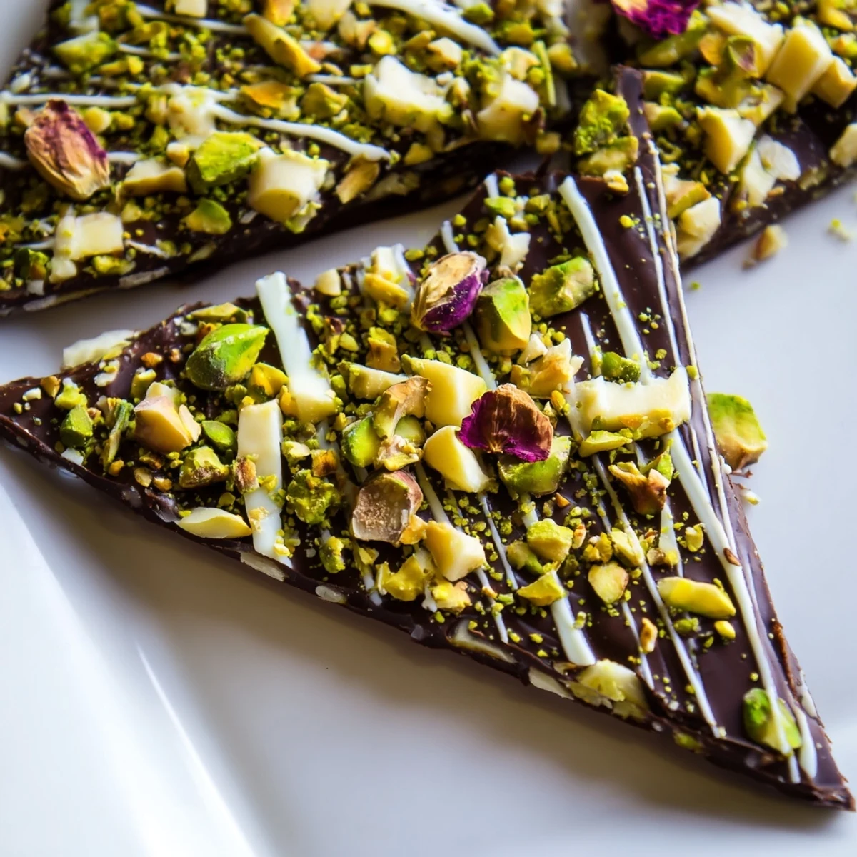 Close-up of a layered Pistachio Dubai Chocolate Bark featuring white chocolate drizzle and crunchy elements.